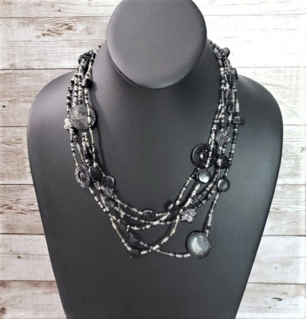 Vintage Necklace Black & Clear Multi Layer Necklace